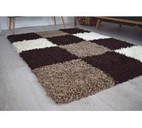 Bravich Large Brown Beige and Cream Checked Geometric Shaggy Rug 120x170 cm (4ft x 5ft6), Thick 5cm Deep Pile Soft Fluffy Non Shed Polypropylene Area Carpet for Living Room Bedroom Lounge