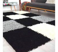 Bravich LTD Checked Shaggy Area Rug 5cm High Pile Soft Living Room Rug in Black | Size: 80 cm x 150 cm Bravich LTD Black 80 cm x 150 cm