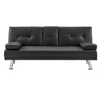 Bravich Manhattan Sofa Bed 2 Seater Faux Leather Click Clack Black With Metal Feet & Flip Down Cup Holders
