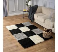 Bravich Medium Grey Black and Cream Checked Geometric Shaggy Rug 80x150 cm (2ft7 x 4ft11), Thick 5cm Deep Pile Soft Fluffy Non Shed Polypropylene Area Carpet for Living Room Bedroom
