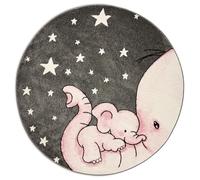 Bravich Pink Baby Elephant Kids Rug, 120cm Circle (4ft) - Soft Anti-Allergic Childrens Rug for Bedroom, Playroom & Nursery, OEKO-TEX Tested, Non Shed Play Mat Rug
