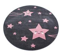 Bravich Pink Stars Kids Rug, 120cm Circle (4ft) - Soft Anti-Allergic Childrens Rug for Bedroom, Playroom & Nursery, OEKO-TEX Tested, Non Shed Play Mat Rug