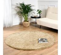 Bravich Round Beige Rug 150cm (5') 5cm Pile Biscuit Shaggy Large Circle Thick Fluffy Living Room Hessian Backed Washable