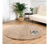 Bravich Round Beige Rug 150cm (5') 5cm Pile Light Beige Shaggy Large Circle Thick Fluffy Living Room Hessian Backed Washable