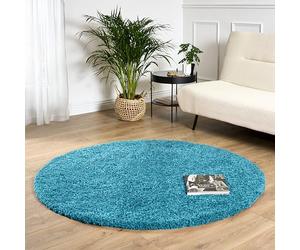Bravich Round Blue Rug 150cm (5') 5cm Pile Teal Blue Shaggy Large Circle Thick Fluffy Living Room Hessian Backed Washable