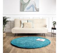 Bravich Round Blue Shaggy Rug 120cm (4') 5cm Pile Teal Blue Circle Thick Fluffy Living Room Bedroom Hessian Backed Washable
