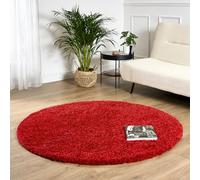 Bravich Round Bright Red Shaggy Rug 120cm (4') 5cm Pile Red Circle Thick Fluffy Living Room Bedroom Hessian Backed Washable