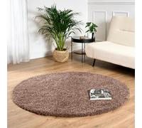 Bravich Round Mocha Beige Rug 150cm (5') 5cm Pile Mocha Shaggy Large Circle Thick Fluffy Living Room Hessian Backed Washable