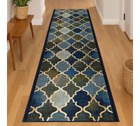 Bravich RugMasters Anejo Blue Rubber Backed Non Slip Machine Washable Very Long Hallway Hall Runner Narrow Rugs Custom Length Stair Mats 2'2"x1'FT (66x30cm)