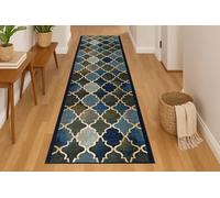 Bravich RugMasters Anejo Blue Rubber Backed Non Slip Machine Washable Very Long Hallway Hall Runner Narrow Rugs Custom Length Stair Mats 2'2"x18'FT (66x549cm)