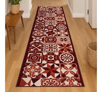 Bravich RugMasters Tiles RED Rubber Backed Non Slip Machine Washable Very Long Hallway Hall Runner Narrow Rugs Custom Length Stair Mats 2'2"x1'FT (66x30cm)