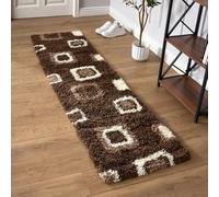 Bravich Runner Brown Beige and Ivory Cube Boxed Pattern Geometric Square Design Mix Thick Shag 5cm Super Soft High Deep Pile Shaggy Area Rug/Living Room Rug Carpet 60x230 cm (2ft x 7ft7)