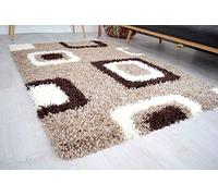 Bravich Runner Brown Beige and Ivory Cube Boxed Pattern Geometric Square Design Mix Thick Shag 5cm Super Soft High Deep Pile Shaggy Area Rug/Living Room Rug Carpet 60x230 cm (2ft x 7ft7)
