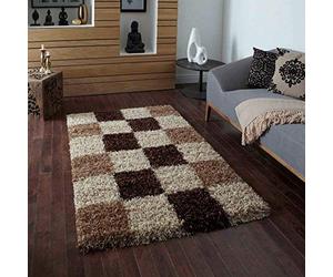 Bravich Runner Brown Beige Mocha and Ivory Checked Pattern Geometric Square Design Mix Thick Shag 5cm Super Soft High Deep Pile Shaggy Area Rug/Living Room Rug Carpet 60x230 cm (2ft x 7ft7)