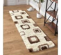 Bravich Runner Cream Brown Beige and Ivory Cube Boxed Pattern Geometric Square Design Mix Thick Shag 5cm Super Soft High Deep Pile Shaggy Area Rug/Living Room Rug Carpet 60x230 cm (2ft x 7ft7)