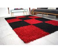 Bravich Runner Red and Black Checked Pattern Geometric Square Design Mix Thick Shag 5cm Super Soft High Deep Pile Shaggy Area Rug/Living Room Rug Carpet 60x230 cm (2ft x 7ft7)