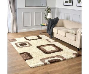 Bravich Small Cream Brown Beige and Ivory Cube Boxed Pattern Geometric Square Design Mix Thick Shag 5cm Super Soft High Deep Pile Shaggy Area Rug/Living Room Rug Carpet 60x110 cm (2ft x 3ft7)