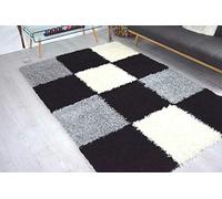 Bravich Small Grey Black and Cream Checked Geometric Shaggy Rug 60x110 cm (2ft x 3ft7), Thick 5cm Deep Pile Soft Fluffy Non Shed Polypropylene Area Carpet for Living Room Bedroom