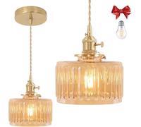 Bravsekai Amber Fluted Glass Pendant Light, 1 Natural Light Bulb Included, Adjustable Cord with Switch, Suitable for Kitchen Island/Dining Room