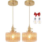 Bravsekai Amber Fluted Glass Pendant Light, 2 Natural Light Bulbs Included, Adjustable Cord with Switch, Suitable for Kitchen Island/Dining Room
