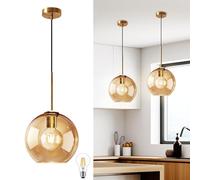 Bravsekai Amber Glass Pendant Lights Kitchen Island Lighting Globe Pendant Light Fixtures Modern Pendant Lighting for Kitchen Island Bedroom Living Dining Room Light Fixture(20cm,1-Pack)