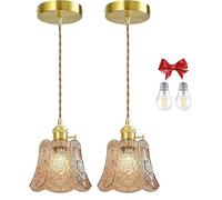 Bravsekai Amber Wind Chime Glass Pendant Light, 2 Natural Light Bulbs Included, Adjustable Cord with Switch, Hanging Lamp for Kitchen Island/Dining Room