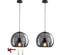 Bravsekai Glass Pendant Kitchen Island Light, 2 Packs Smoke Glass Pendant Lighting fixtures with Extra 2 Bulbs,Adjustable 130cm Cord, Modern Light for Kitchen Island,Dining Room(23cm, 2-Pack)