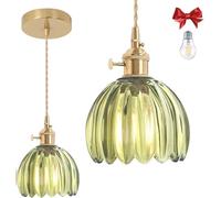 Bravsekai Green Tulip Glass Pendant Light, 1 Natural Light Bulbs Included, Adjustable Cord with Switch, Suitable for Kitchen Island/Dining Room