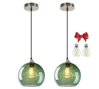Bravsekai Medium Gray Green Glass Pendant Light for Kitchen Island, Includes Extra Bulb & 1.5m Adjustable Cord, Modern Pendant Lighting Fixtures for Kitchen, Dining Room, Living Room(18cm, 2-Pack)