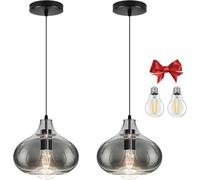 Bravsekai Mini Smoke Gray Glass Pendant Light, Suitable for Accent Lighting Over Cozy Spaces, Kitchen Nooks & Bedside, Includes 2 LED Bulbs & Adjustable Cord(18cm, 2-Pack)