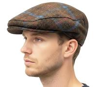 BRAW CLANS TARTANS 100% Wool Men’s County Cap - Harris Tweed Wool Made in The UK - Brown Check Flat Cap with Satin Lining - Warm, Breathable Outdoor Winter Hat for Country Walks & Everyday Wear