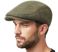 BRAW CLANS TARTANS 100% Wool Men’s County Cap - Harris Tweed Wool Made in The UK - Green Herringbone Flat Cap with Satin Lining - Warm, Breathable Outdoor Winter Hat for Country Walks & Everyday Wear