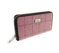 BRAW CLANS TARTANS Authentic Harris Tweed Long Zip Purse - Scottish Wool Outer - Women's Tartan Wallet with Multiple Card Slots - Stylish Travel Wallet for Ladies - Pink Check