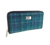 BRAW CLANS TARTANS Authentic Harris Tweed Long Zip Purse - Scottish Wool Outer - Women's Tartan Wallet with Multiple Card Slots - Stylish Travel Wallet for Ladies - Blue Check