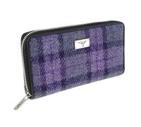 BRAW CLANS TARTANS Authentic Harris Tweed Long Zip Purse - Scottish Wool Outer - Women's Tartan Wallet with Multiple Card Slots - Stylish Travel Wallet for Ladies - Purple Check