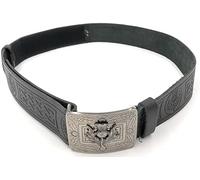BRAW CLANS TARTANS Black premium leather kilt belt with an adjustable antique pewter thistle buckle - 2 piece Set-XL-(48-54)
