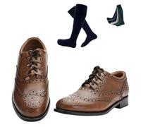 BRAW CLANS TARTANS Executive Brown Ghillie Brogue with Navy Colour Kilt Hose Socks - Scottish Design, 100% Leather, Timeless Scottish Heritage Footwear (UK10)