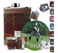 BRAW CLANS TARTANS Gift Box - 6oz Harris Tweed Hip Flask, Shot Glasses, Pour Funnel, Coaster, Keyring - Stainless Steel Tartan Liquor flasks for Men - Leak Proof lid (Rust Check)