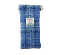 BRAW CLANS TARTANS Harris Tweed Glasses Case (LB2109) in Light Blue Check Tartan - Soft Case with Spring Clip. Trademark Badge. Everyday Use for Men/Women. Scottish Traditional Plaid Design.