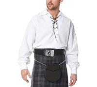 BRAW CLANS TARTANS Mens Ghillie Shirt Jacobite with Leather Lace - Scottish Kilt Shirt Long Sleeve - Traditional Medieval Pirate Costume Top - White Ghillie Shirts for Men - Size L