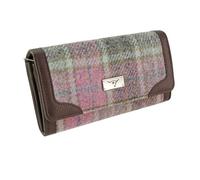 BRAW CLANS TARTANS Women's Harris Tweed Long Purse - Scottish Tartan Wool Wallet with Multiple Card Slots & Zipper Pocket - Stylish Gift for Women - Pink Check