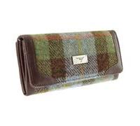 BRAW CLANS TARTANS Women's Harris Tweed Long Purse - Scottish Tartan Wool Wallet with Multiple Card Slots & Zipper Pocket - Stylish Gift for Women - Brown Check