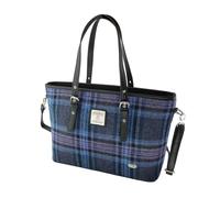BRAW CLANS TARTANS Wool Large Tote Bag for Women - Genuine Harris Tweed wool outer Made in Scotland - Large Zip Closure Laptop & Travel Bag - Multi Colour check Tartan Handbag (Blue & Purple Stewart)