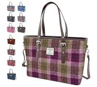 BRAW CLANS TARTANS Wool Large Tote Bag for Women - Genuine Harris Tweed wool outer Made in Scotland - Large Zip Closure Laptop & Travel Bag - Multi Colour check Tartan Handbag (Heather Check)