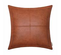BRAWARM Cognac Leather Throw Pillow 16 X 16 Inches, Faux Leather Pillow Cover with Piping, Hand Stitched Leather Decorative Throw Pillow Covers for Couch Sofa Bed Living Room Garden, Sofa Cushions