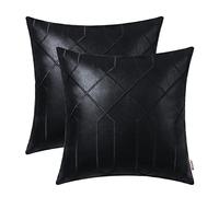 BRAWARM Leather Pillow Covers 18 X 18 Inches, Black Faux Leather Pillow Covers Pack of 2, Geometric Embroidery Leather Decorative Throw Pillows for Living Room Couch Bed Sofa Home