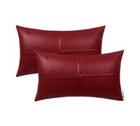 BRAWARM Lumbar Cushion Covers Faux Leather 12x20 Inch Dark Red 2 Pack Hand Stitched Decorative Throw Pillow for Couch Sofa Bed Living Room Home Garden