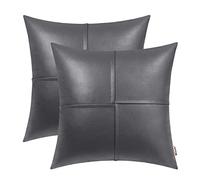 Brawarm Pack of 2 Gray Leather Throw Pillows 18 X 18 Inches, Gray Hand Stitching Faux Leather Decorative Throw Pillow Covers, Living Room Accessories, Sofa Cushions for Home Decor Garden Couch Bed