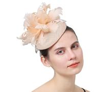 Brawlady Sinamay Top Feather Flower Phillbox Fascinator Hat, Ascot Tea Party Wedding Headwear for Women Ladies (569Beig)