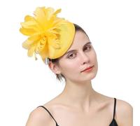 Brawlady Sinamay Top Flower Phillbox Fascinator Hat with Feather, Ascot Tea Party Wedding Headwear for Women Ladies(569yellow)